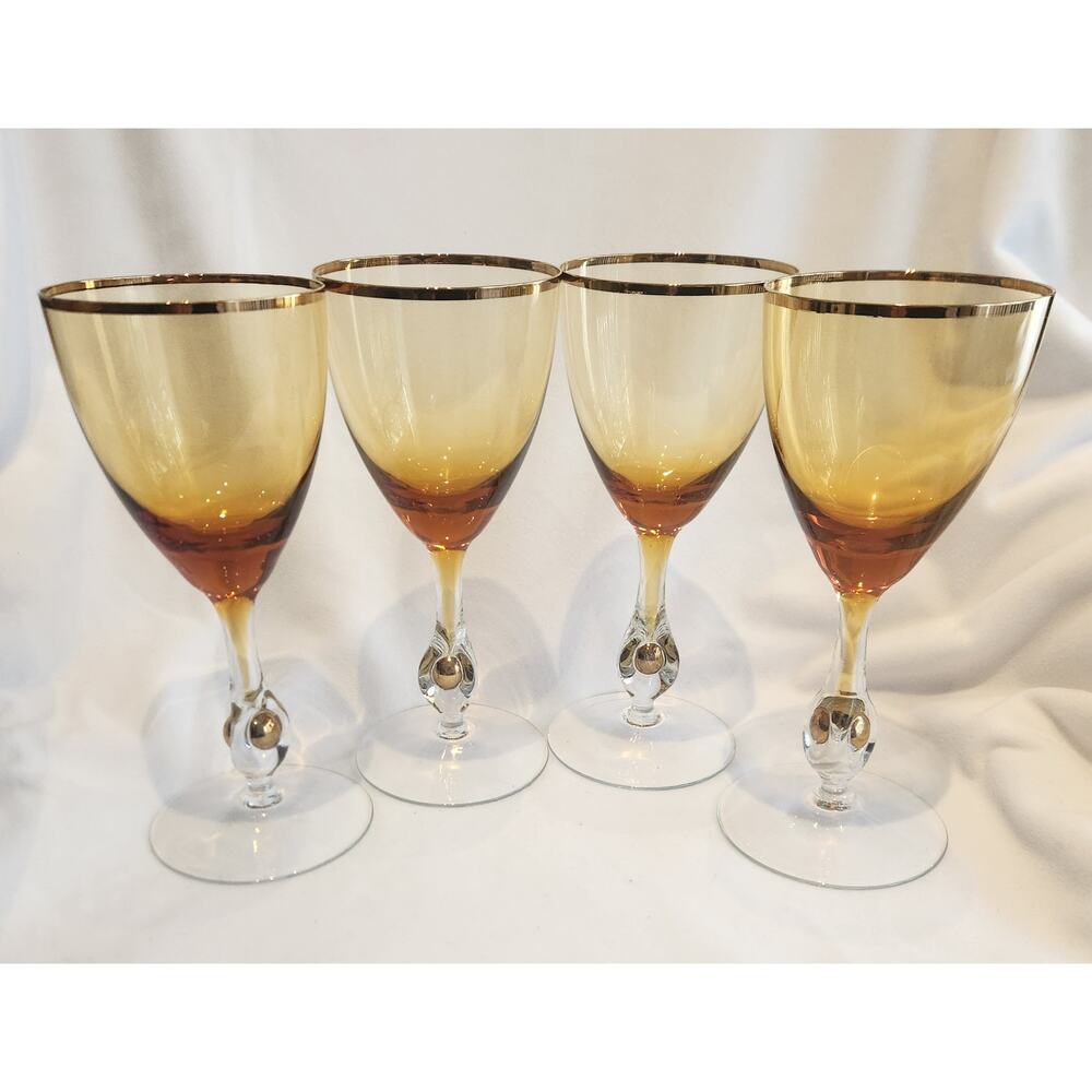 Vtg Atlas Amber Claret Wine Glasses Set of 4 Czechoslovakia Gold Rim Stemware